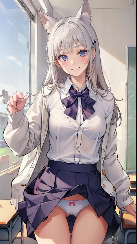 ((1 girl:1.5))、(smile:1.5)、、（cowboy shot）、(fun!!)、(white cardigan:1.5)、(dog ears)、(silver hair)、blush、(long hair)、(eye highlights:1.3)、blake black shoes,(黒いskirt:1.5)、bow, button, shirt with collar, long sleeve,  ((red bow tie, ,, white shirt, チェック柄のskirt:...