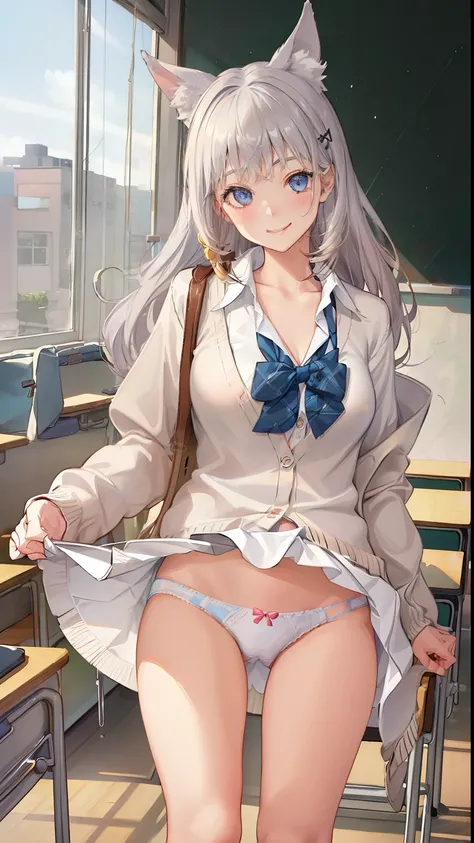 ((1 girl:1.5))、(smile:1.5)、、（cowboy shot）、(fun!!)、(white cardigan:1.5)、(dog ears)、(silver hair)、blush、(long hair)、(eye highlights:1.3)、blake black shoes,(黒いskirt:1.5)、bow, button, shirt with collar, long sleeve,  ((red bow tie, ,, white shirt, チェック柄のskirt:...