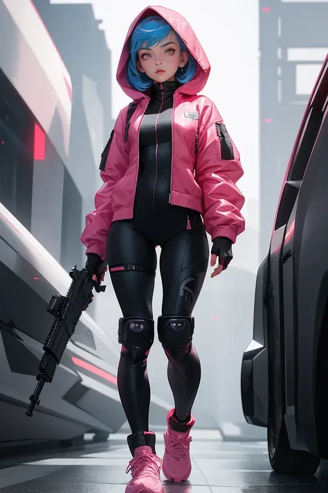 1girl, solo, looking_at_viewer, short_hair, red_eyes, gloves, holding, blue_hair, standing, jacket, full_body, weapon, pink_hair, shoes, puffy_sleeves, hood, gun, bodysuit, sneakers, hood_up, black_bodysuit, knee_pads, cyberpunk