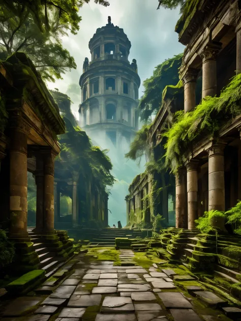 Envision the mysterious beauty of ancient ruins, remnants of a once-great civilization, now reclaimed by nature. These ruins are perched on the edge of a dense jungle, their weathered stone structures partially obscured by creeping vines and lush green fol...