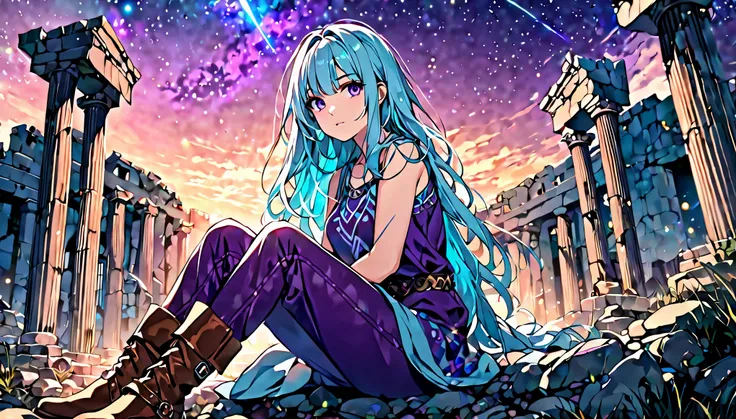 Masterpiece. High-resolution. 1girl about 20 years old. Pretty beautiful girl. Pretty big purple eyes. Delicate face. Long light blue hair. Straight hair. Messy hair. Hair bangs. Turquoise tunic. Purple tide pants. Leather boots. Greek ruins background wit...