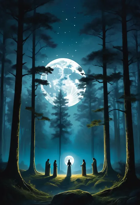 In a mystical forest at night, under the bright light of a full moon, ethereal figures gather in a clearing, surrounded by ancient, towering trees. Their silhouettes barely visible in the moonlight, they stand in a circle, their hands joined, as their hear...