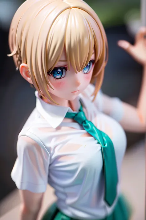 1 girl, blond, short hair, blue eyes, White shirt, green tie, green skirt, City, rain, Detailed background 