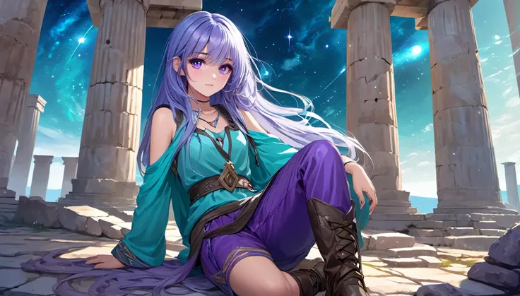 Masterpiece. High-resolution. 1girl about 20 years old. Pretty beautiful girl. Pretty big purple eyes. Delicate face. Long light blue hair. Straight hair. Messy hair. Hair bangs. Turquoise tunic. Purple tide pants. Leather boots. Greek ruins background wit...