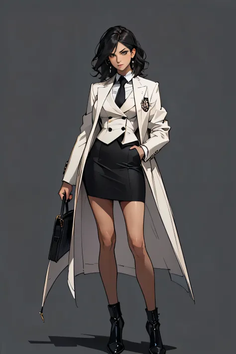 1 girl, wavy hair, black hair, short hair, teenager, snooty, top, elegant skirt, (((three-piece suit))), tie, blazer, suit jacket, vest, double-breasted vest, skirt tight, pencil skirt, elegant jacket and skirt, black clothing, light background, full body,...