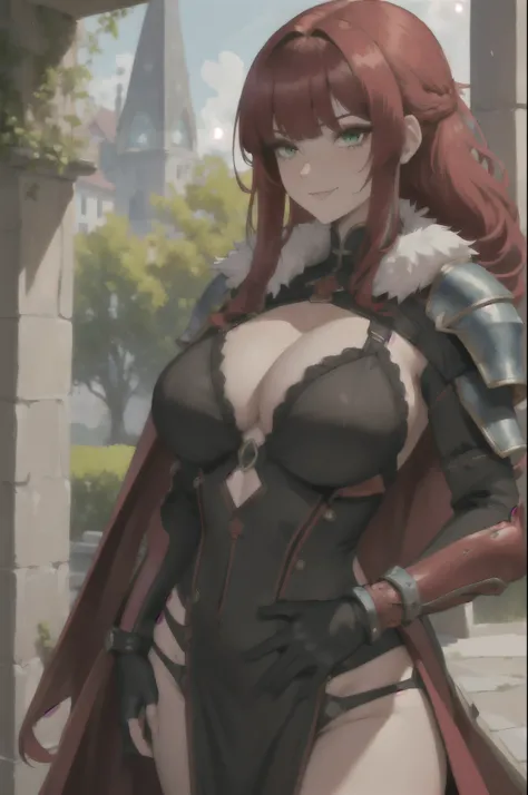 detailed((masterpiece)), ((best quality)), 1girl, adult, long hair, big bust, ((red hair)), ((intimidant look)), ((close-up)), profile image, black and red clothes, sexy, ((coat with fur)), ((wavy hair)), exposed skin, ((sexy pose)), good anatomy, ((dark a...