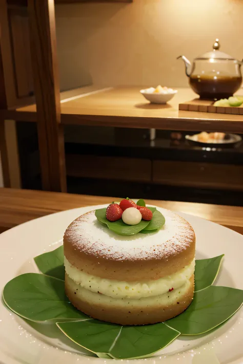 For a realistic style image of a dish with some food in it, mochi cake, wasabi filling