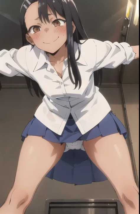 Nagatoro Hayase, blue short skirt, split, , (from below:1.2), bent down, Smirk, blush, Best quality, masterpiece, perfect lighting, Hands behind your back, panties