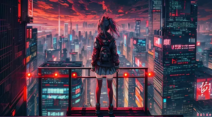 anime girl with red eyes standing on a ledge overlooking a city, cyberpunk art by Shitao, pixiv, auto-destructive art, best anime 4k konachan wallpaper, badass anime 8 k, oppai cyberpunk, with red glowing eyes, seductive anime girl, with glowing red eyes, ...