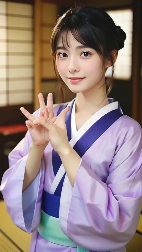 Japanese、girl、Fair skin、very slender、high resolution、（（Kimono appearance））、indoor、join hands in prayer、straighten the fingers of the hand,