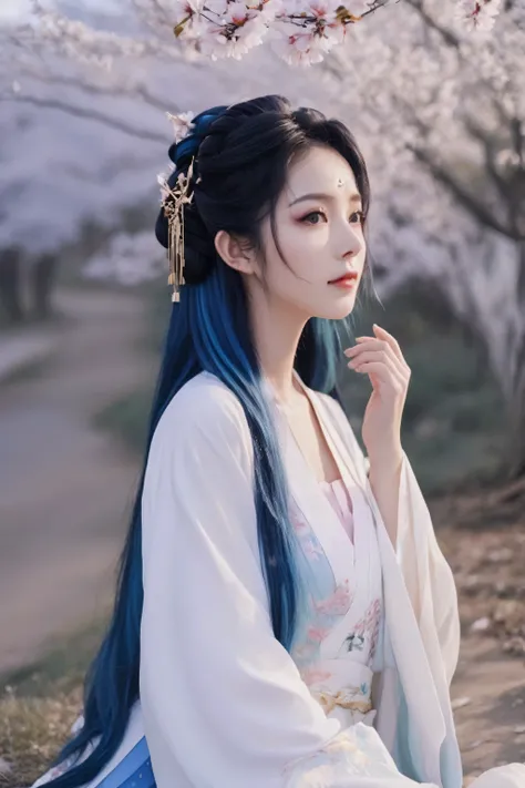 girl，Beauty，messy hair，gentle eyes，Ultimate picture quality，ambient light，Exquisite facial features，high quality，Masterpiece，girlish feeling，Correct proportions，Two dimensions，blue hair，Hair color gradient，Silvery hair，cherry blossoms falling，street，eyelas...