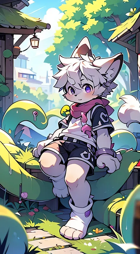 (masterpiece),character focus,detailed background,(full body:1.1),ultra cute face,dog boy,light grey fur,solo,eyesgod,purple eyes,eyes highlights,underwear,white socks,play with Tentacle