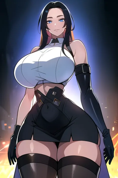 masterpiece, best quality, absurdres, 8k, perfect shadows,perfect lighting,hdr, cowboy shot,shiny skin, beautiful body, ((black hair: 1.4)), long hair, (blue eyes: 1.4),  ((black crop top : 1.1), (underboob : 1.1), elbow gloves, thigh boots, split skirt, b...