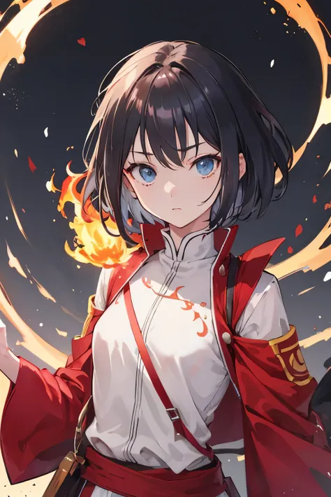 Make a girl with short dark hair in the Avatar Aang anime style, fire nation clothes long