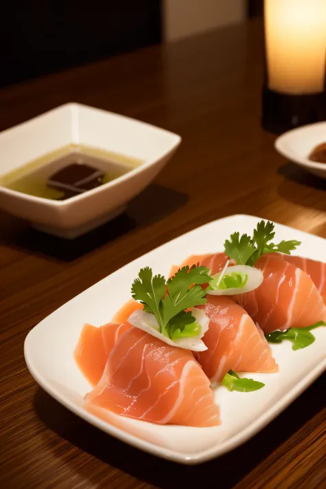 For a realistic style image of just a sashimi dish, soy sauce and wasabi, blurry restaurant background