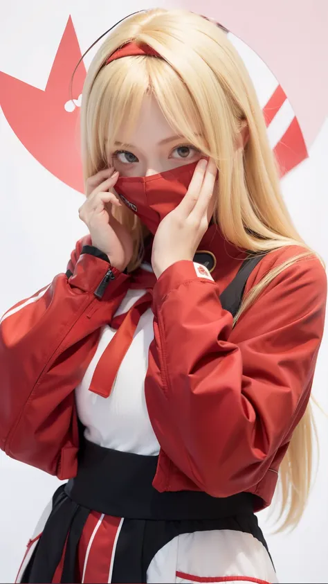 arafed image of a woman in a red jacket covering her face, style like fate/stay night, zero two, blonde girl with long hair, gapmoe yandere, shikamimi, flat style shading, & her expression is solemn, moe artstyle, blushing expression, cute expression