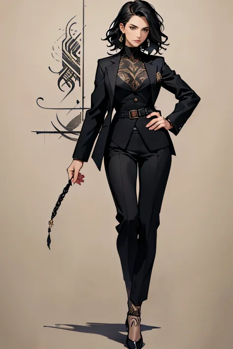 1 young woman, elegant woman, wavy hair, black hair, short hair, elegant two-piece suit, jacket and dress pants, black clothes, light background, full body, tribal tattoo, white and red details, sketchbook, hand drawn hand, symbols, dark, bold, realistic s...