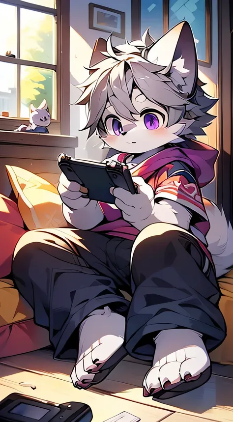 (masterpiece),character focus,detailed background,(full body:1.1),ultra cute face,dog boy,light grey fur,dark grey hair,solo,eyesgod,purple eyes,eyes highlights,playing game