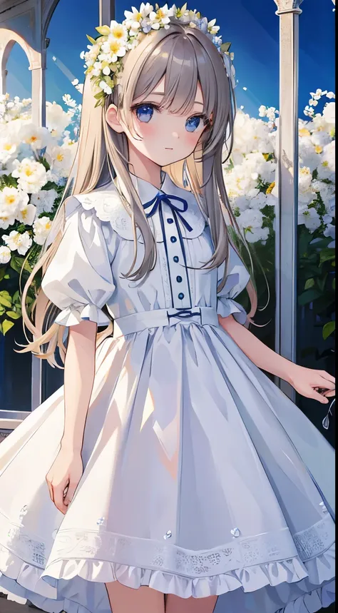 (masterpiece, highest quality:1.6), white lace dress, cowboy shot, thighs, beautiful girl, (flowers, lots of small white petals:1.3), garden, blue sky, looking at the viewer, thin waist, official art, Raw photo, incredibly absurd, face light, dynamic light...