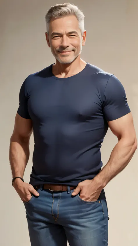 A man with normal body with small Bally around 55 years old, smiling wearing a jeans and a t-shirt, standing on a neutral background
