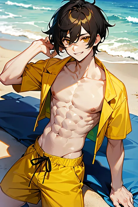 white skin anime boy with black hair with golden yellow highlights shirtless, skinny smiling at the beach with yellow shorts