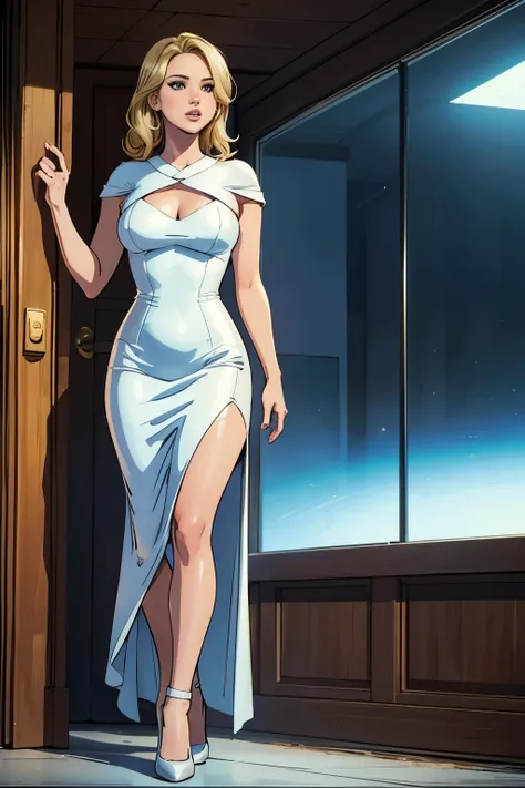 Comic storyboard:1.8, Cartoon comic strips,comic strip:: Jennifer Lawrence,Selena Gomez(1 mujer) The full body of a 30 year old blonde,Vestido con un hermoso traje de capitana. ,En una casa futurista, estilo comics marvel, hiper hd, 24K UltraHD