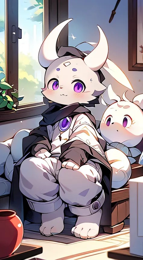 (masterpiece),character focus,detailed background,(full body:1.1),ultra cute face,dog boy,light grey fur,dark grey hair,solo,eyesgod,purple eyes,eyes highlights,hollow knight