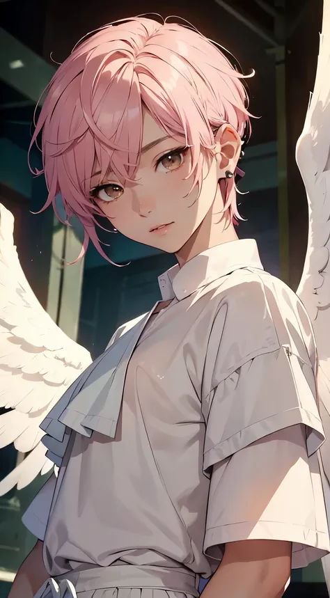 (hight resolution、ultra-detail)、​masterpiece、top-quality、Male 、solo、a handsome、white with pink short hair、brown hainely eye and detailed face、Casual clothing、Real Shadows、Joy、Connecting ears、The upper part of the body、angelic wings、girlish face