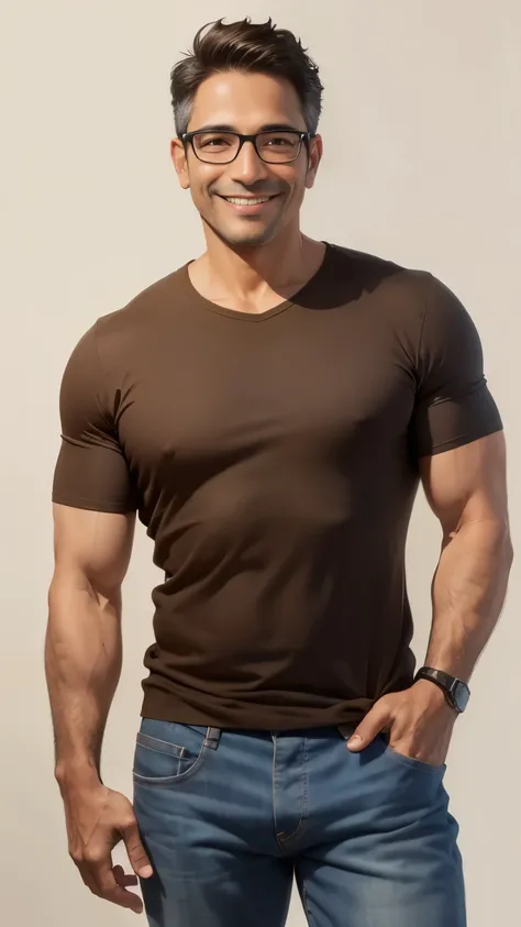 A latino man with normal body around 45 years old, brown hair, wearing glasses, smiling wearing a jeans and a cotton t-shirt, standing on a neutral background