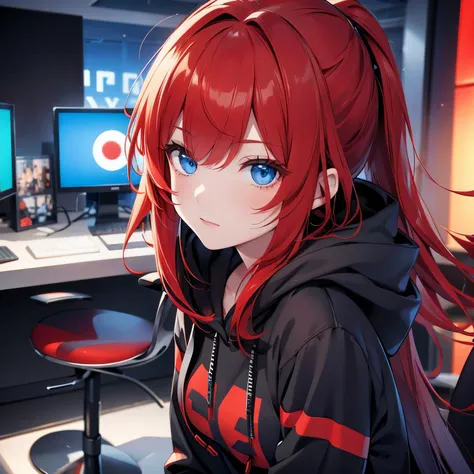 red hair, blue eyes, gamer girl, black hoddie