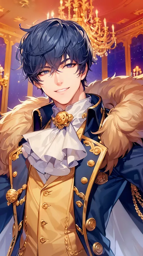 a handsome guy、serious expression、please close your mouth、dance hall with chandelier、Furry prince outfit、white gloves、smile a little、neon light background、Highly Detailed CG Unity 8K Wallpaper, (super masterpiece, beautiful person, well detailed face pollu...