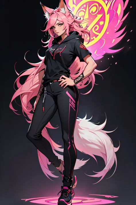 1 girl, ahri league of legends, Nine-Tailed Fox, wavy hair, pink hair, long hair and fox ears, hyper realistic hands, detailed hyper realistic eyes, teenager, hoodie, pants, black clothing, colourful hair, light background, full body, teenager, tribal tatt...