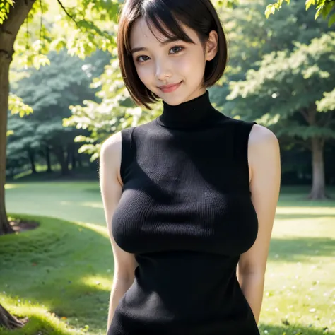 (highest quality、table top、8K、best image quality、Award-winning work)、(10 year old girl:1.)、(Perfect black sleeveless turtleneck knit sweater dress:1.5)、(perfect sleeveless turtleneck knit:1.3)、(short hair:1.1)、(very young girl&#39;s face:1.1)、Look at me wi...