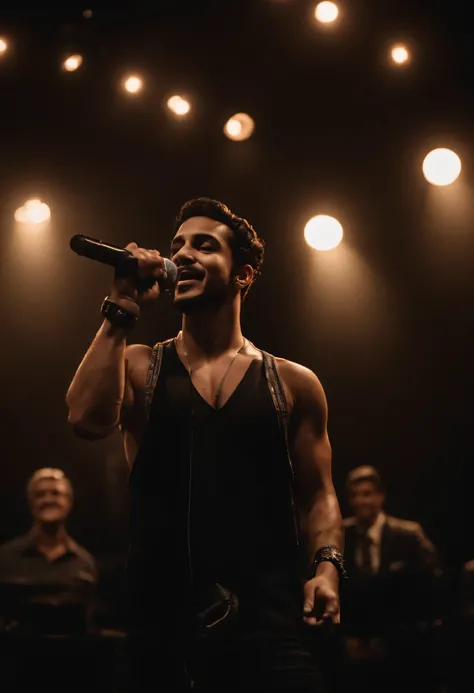 Luan santana, cantor brasileiro, microphone in hand, musculoso forte (ultra realista), fundo escuro brilhante com multidoes 