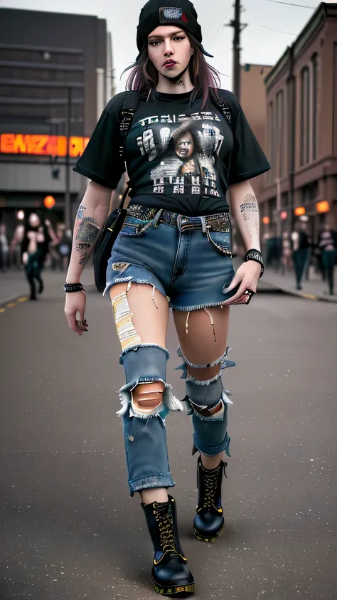 (best quality,highres,masterpiece:1.2),ultra-detailed,(realistic,photorealistic,photo-realistic:1.37),Seattles grunge aesthetic model,embracing,ripped jeans,band tee,plaid shirt tied around waist,Doc Martens,beanie,edgy fashion scene,capturing,alternative ...