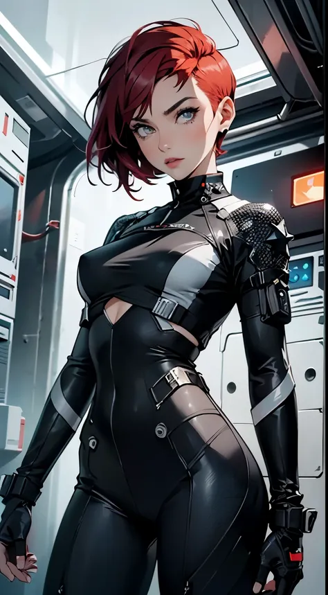 (((woman))), A 35-year-old a beautiful woman with ((((short red hair cut)))) ,wear cyber suit black and gray details, style for the cover of Heavy Metal magazine,short red hair cut, cyber bodysuit gray pants , gray carbon fiber cyber suit with gray stars i...