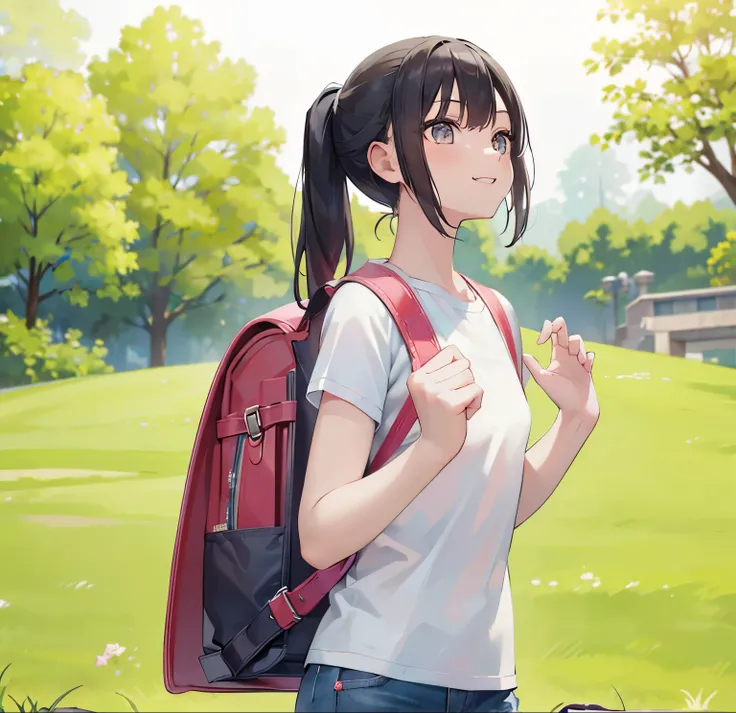 Masterpiece, hd, 1girl, 2d, ponytail, black hair, wear white t-shirt, wear denim pants, wearing randoseru backpack, (randoseru backpack:1.0), standing, outdoor, light smile