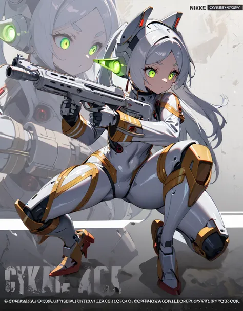 best quality, absurdres, 1girl, solo, incrsnikkeprofile, full body, zoom layer, holding weapon, holding gun, one knee, frieren, ...