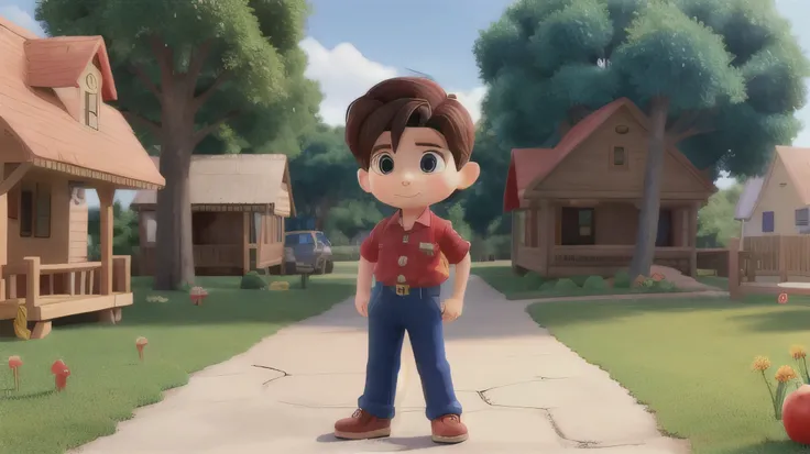 Small town scene, We see an 8-year-old boy dressed in blue pants and red flannel.,    lleva puesto unos zapatos de color blanco y esta jugando en el jardin