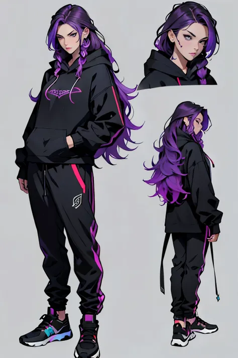 1 girl, kaisa league of legends, wavy hair, rainbow hair, purple hair, teenager,  hyper realistic hands, detailed hyper realistic eyes, hoodie, pants, black clothing, light background, full body, long hair, teenager, tribal tattoo, colorful parts, sketchbo...