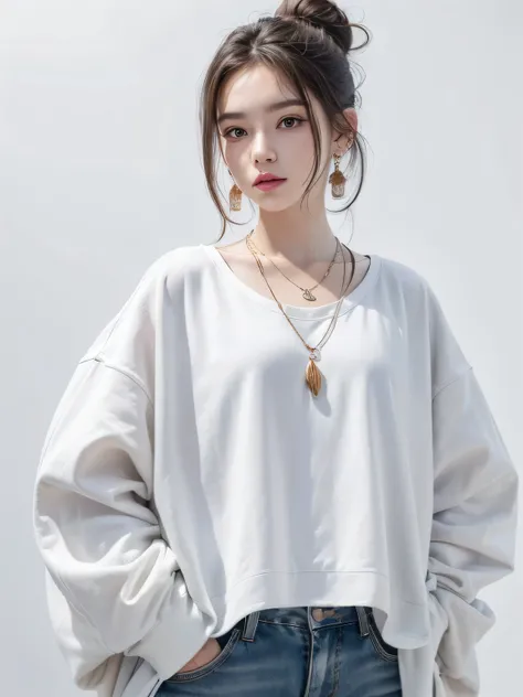 (8K, highest quality, High resolution, masterpiece :1.3), (white background), stylish, hisense, fashion, bun hair, oversized clothes, baggy clothes, colorful, Upper body, necklace, earrings