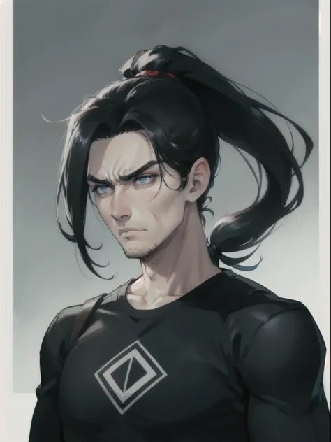 Handsome man, blue eyes, black hair, long black hair, (((ponytail))), pale skin, casual clothes, bara, sad expression, going through breakup, angry face