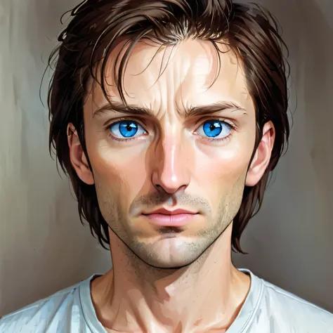 portrait of a man, with brown hair, blue eyes, a thin and somewhat long nose, a fine face, an intense gaze, 39 years old