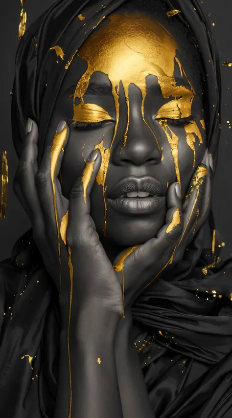 (best quality, masterpiece:1.2), fashion photography, black and gold, african american woman with golden paint dripping on her f...