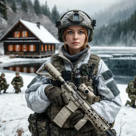 masterpiece, a 32 years old canadian female spec ops officer in winter camouflage uniform holding a hk416 with a 4x scope and we...