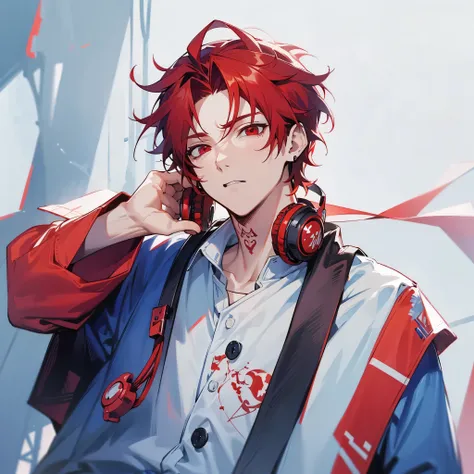 1male, red hair, middle parted hair, red eyes, red headphones, red neck tattoo, blue baggy clothing, white undershirt, expressionless