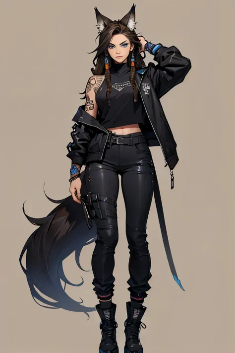 1 girl, mel medarda arcane hair, dreadlocks, wolf ears and tail, hyper realistic hands, detailed hyper realistic eyes, teenager, rock jacket, pants,, black clothing, brown hair, light background, full body, long hair, teenager, tribal tattoo, colorful part...