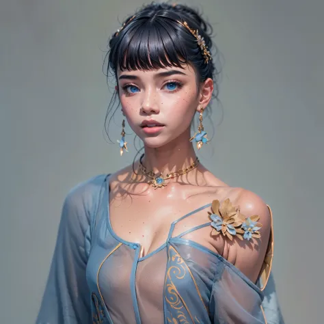 very beautiful, well-groomed girl, With clean skin, normal functions, Beautiful lips, and a slight smile on her face. beautiful figure, modern clothes, cool modern couture dress. presentation background, neutral gray-blue, in virtual space. top quality, 16...
