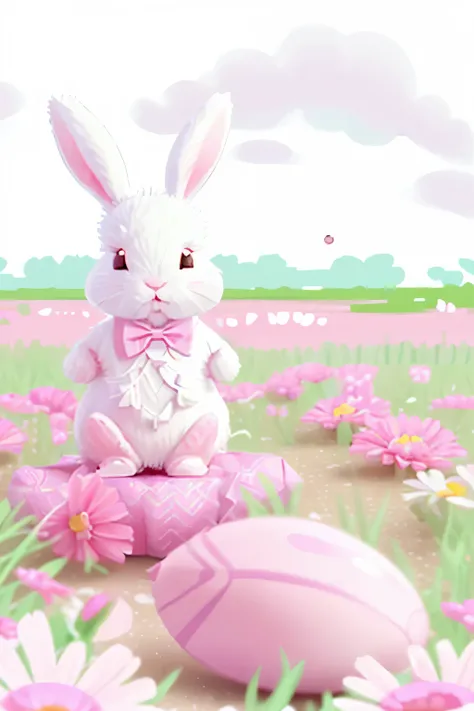 create a vector illustration of a cheerful little white bunny with pink bow tie in a field with flowers and easter eggs. use a palette of pastel and delicate colors, cartoon style