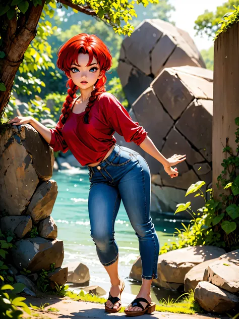 garota anime ruiva com bermuda jeans e vestido vermelho red, saia, 16 anos, corpo bonito, seios grandes, with hands behind head,...